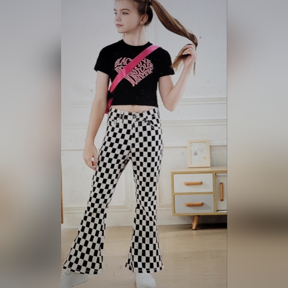 NwT. GIRLS stretch 70s bell bottom flare pants checkered size 10 - Picture 4 of 12